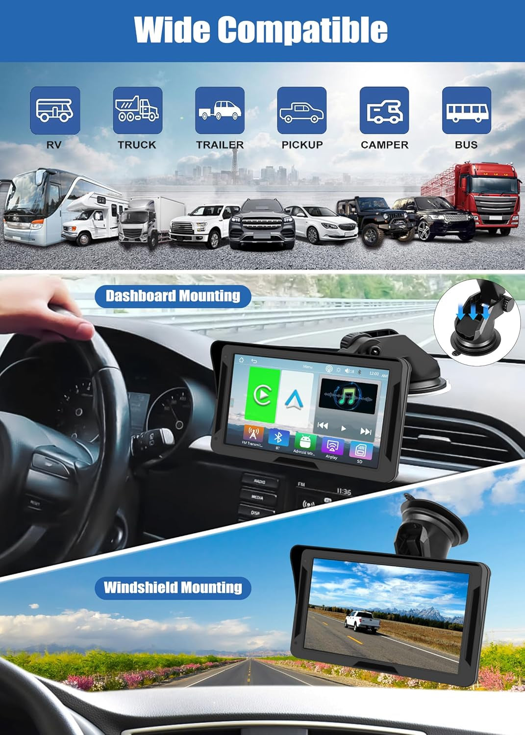 Portable Wireless Carplay Android Auto Screen Car Stereo, 7" HD Touchscreen Radio Carplay Screen for Car Fits Apple&Android, Car Audio Receivers with Bluetooth/Aux/Fm/Eq/Voice Control