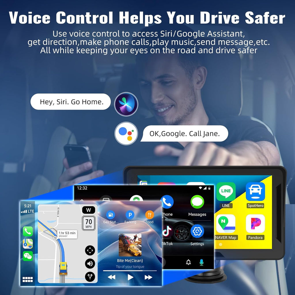 Portable Wireless Carplay Android Auto Screen Car Stereo, 7" HD Touchscreen Radio Carplay Screen for Car Fits Apple&Android, Car Audio Receivers with Bluetooth/Aux/Fm/Eq/Voice Control