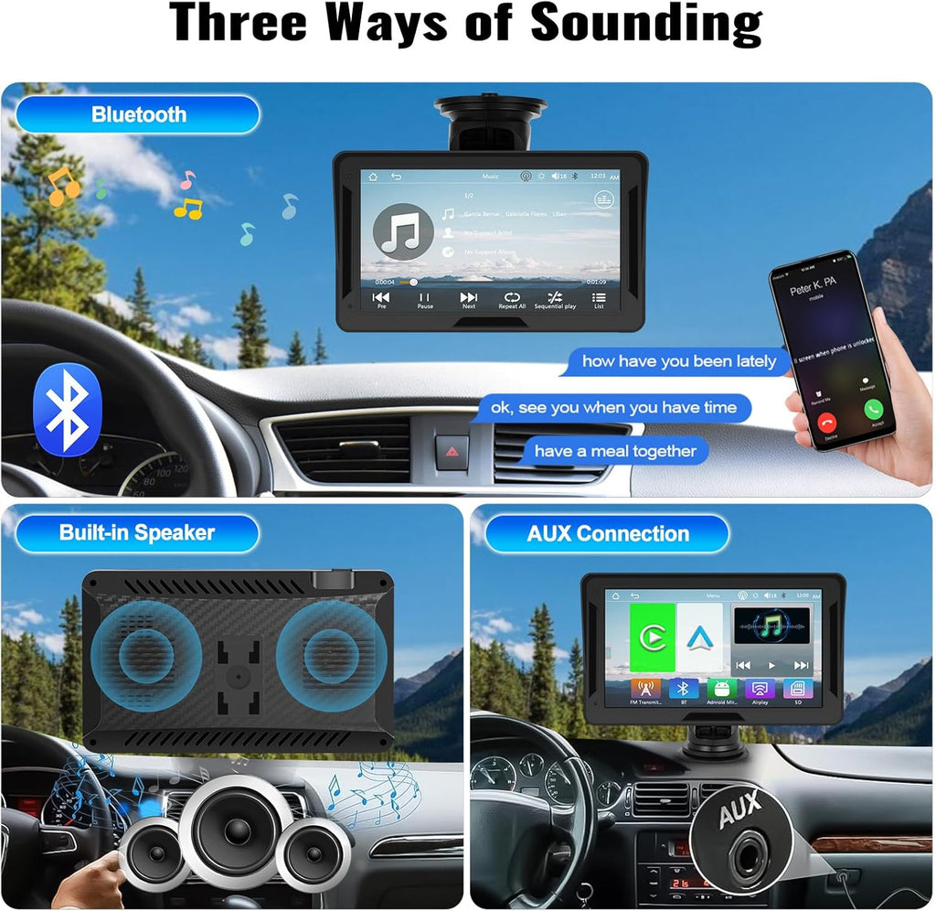 Portable Wireless Carplay Android Auto Screen Car Stereo, 7" HD Touchscreen Radio Carplay Screen for Car Fits Apple&Android, Car Audio Receivers with Bluetooth/Aux/Fm/Eq/Voice Control